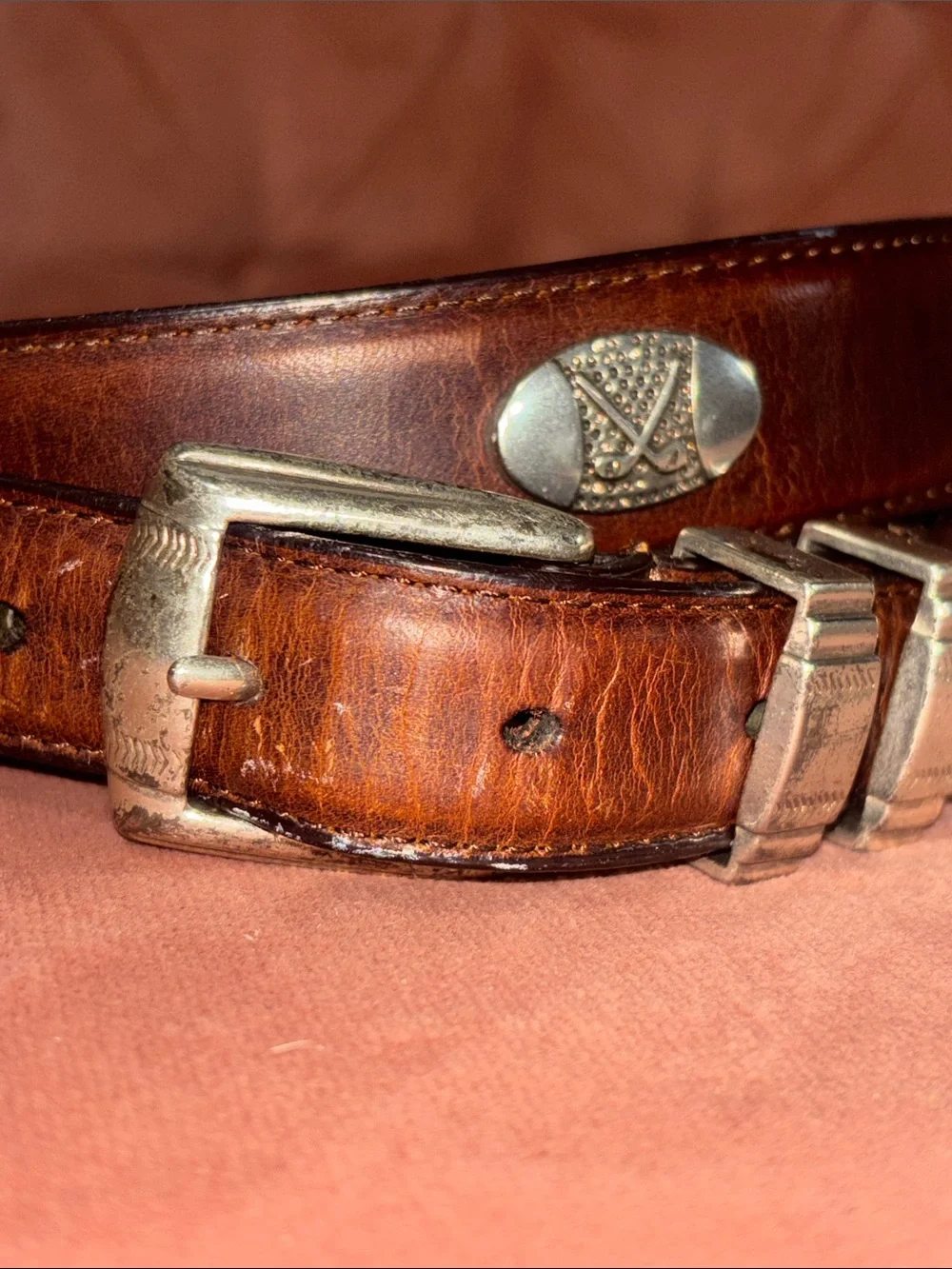 Vintage Danbury brown leather belt golf club concho preppy silver buckle belt